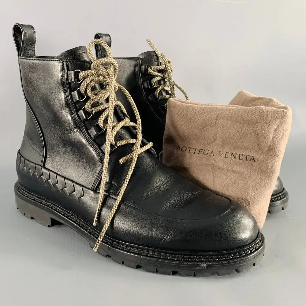 BOTTEGA VENETA Size 8.5 Black Leather Lace-Up Boots